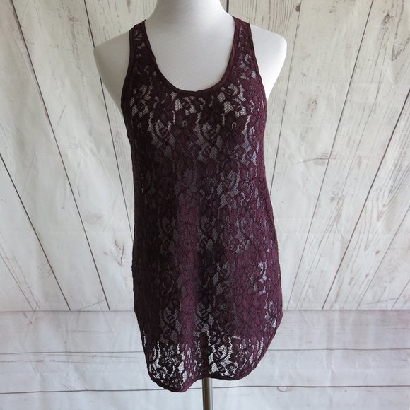 Wilfred Plum Silk Trim Racerback Floral Lace Sheer Mesh Tank Top - Size X Small - Picture 2 of 6